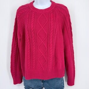 GAP Classic Cable Knit Fisherman Sweater Cable Knit Red Women XL Cotton Pullover